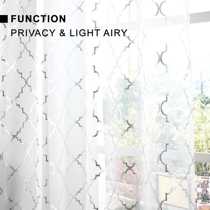 Kotile Silver White Sheer Curtains 72 Inch Length 2 Panels Metallic Moroccan Ogee Pattern Shimmer White Curtains for Bedroom, Rod Pocket Light Filtering Privacy Sheer Window Curtains, W52 x L72 Inch - Image 3